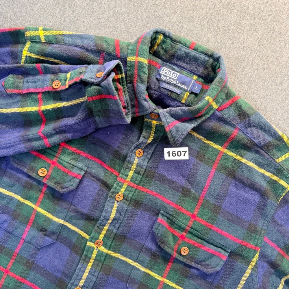 Polo Ralph Lauren Mens Large Blue Green Plaid Flannel Button Down Shirt Cotton